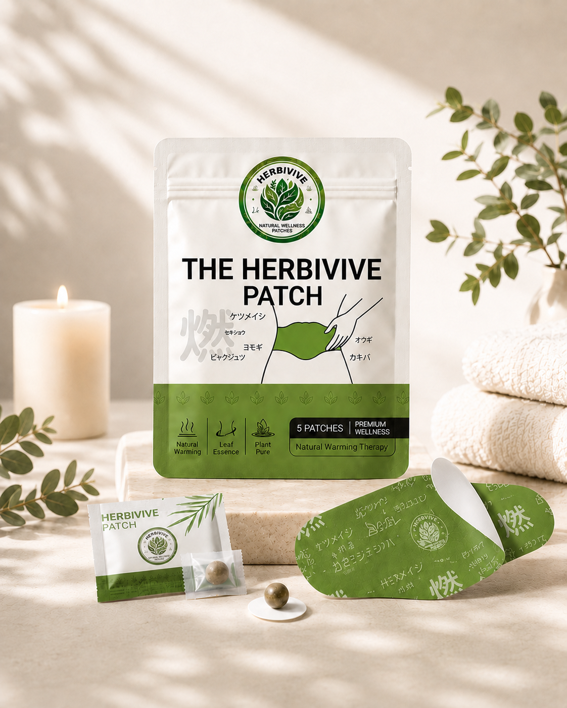 The Herbivive Patch and five-patch HERBIVIVE packaging